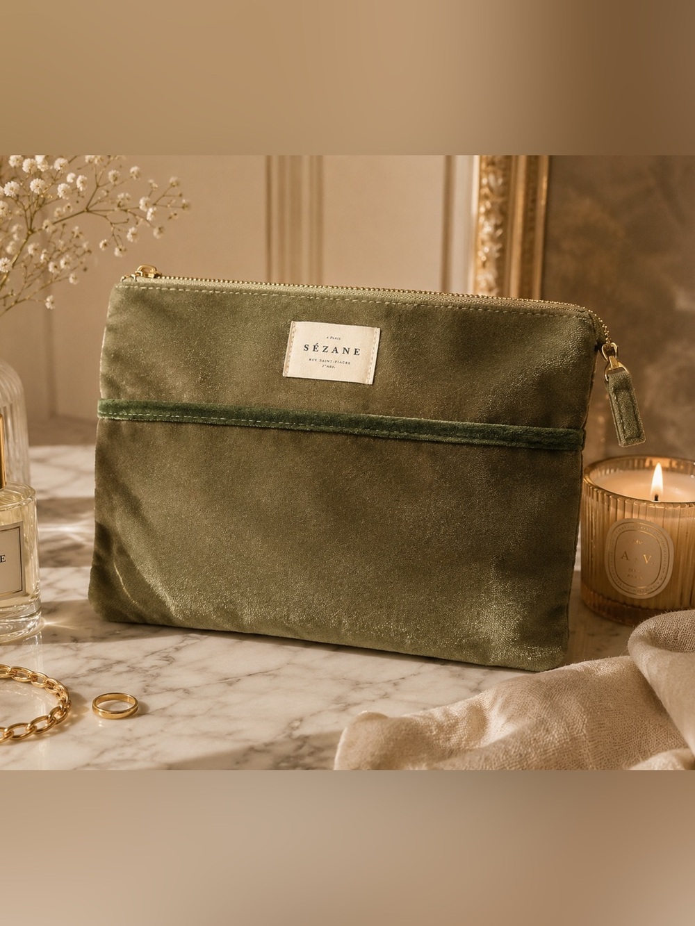 Sézane Olive Green Velvet Cosmetic Bag Gold Zip Paris French Girl Clutch Pouch
